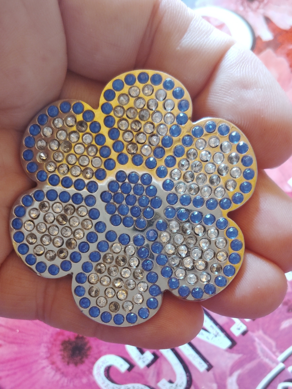 Bright Blue & Clear Crystal Rhinestone Big Hippie Flower Brooch